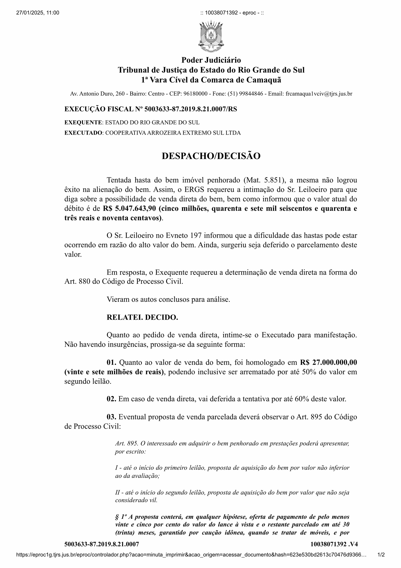 Decisão Judicial 1ª Vara Cível de Camaquã